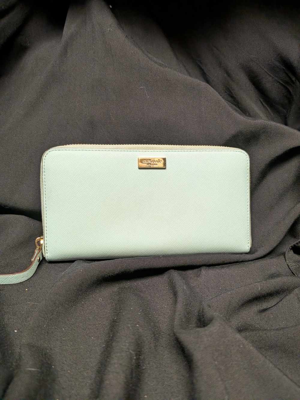Kate Spade Tiffany Blue zip-around wristlet wallet with gold logo